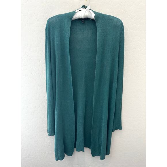 EILEEN FISHER | Teal Linen Blend Open Front Long Cardigan Sweater | Small - Picture 1 of 7